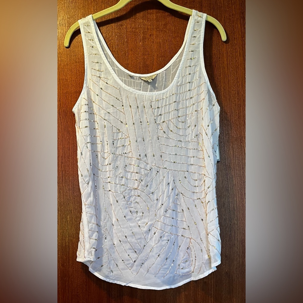 Guess Embellished Sheer Sleeveless Beaded Top Women's M